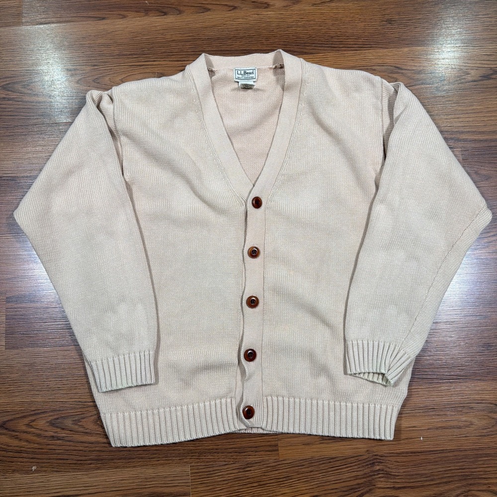 LL Bean Cardigan Sweater Mens Large Knit Beige Button Up Heavy Grandpa 0KU38